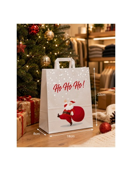 Dimensions du sac kraft Père Noël : 18 cm de large, 8 cm de soufflet, 22 cm de haut