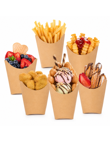 Barquette à frites en carton kraft brun, forme évasée, sur fond blanc