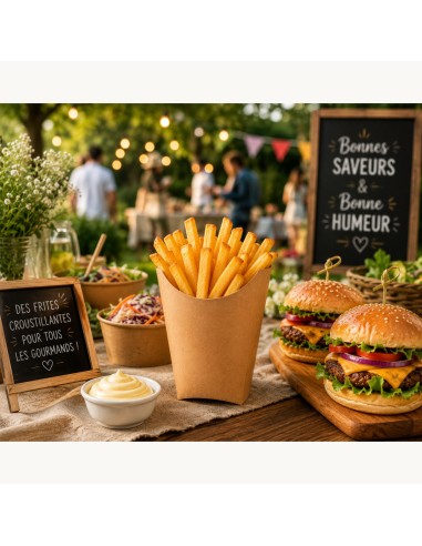 Kartonnen friet scoop op een feesttafel, met burgers, koolsla en mayonaise