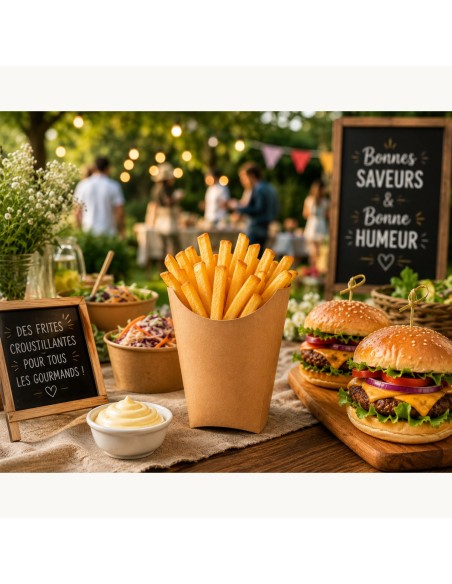 Kartonnen friet scoop op een feesttafel, met burgers, koolsla en mayonaise