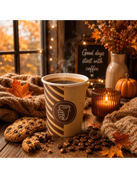 Kartonnen koffiebeker 20 cl in een herfstsfeer met koekjes en koffiebonen