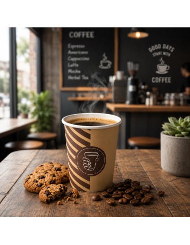 Gobelet carton café 20 cl fermé par son couvercle sur le comptoir d'un torréfacteur