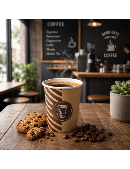 Gobelet carton café 20 cl fermé par son couvercle sur le comptoir d'un torréfacteur