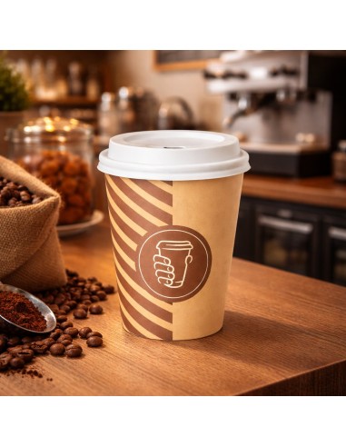 Kartonnen koffiebeker 20 cl op een houten tafel in een coffeeshop