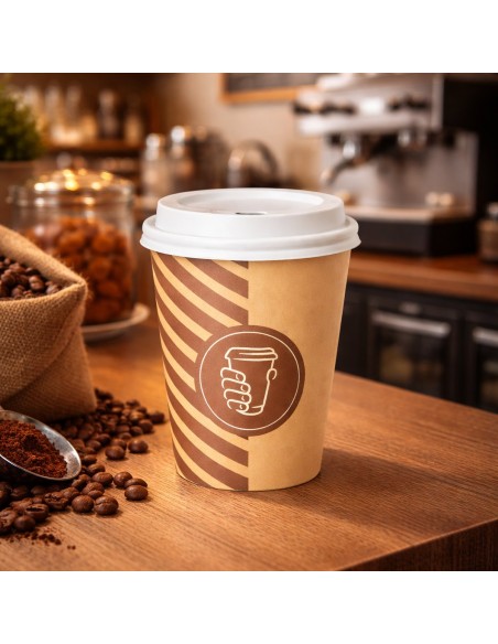 Kartonnen koffiebeker 20 cl op een houten tafel in een coffeeshop