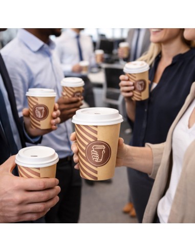 Collègues au bureau tenant des gobelets carton café 20 cl avec couvercle