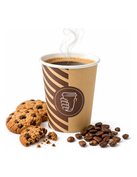 Gobelet carton café 20 cl Coffee Line sur fond blanc, avec cookies et grains de café