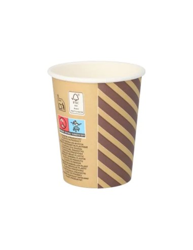 Achterzijde van de kartonnen koffiebeker 20 cl met FSC-logo en wettelijke pictogrammen