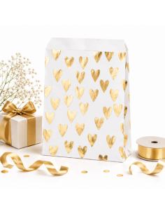 50 sachets cadeaux en papier kraft avec les cœurs dorés 13 cm x 18 cm.