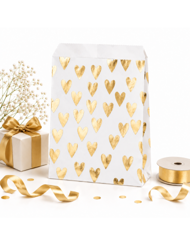 50 stuks Cadeau Papieren Zakjes Hart Goud 13cm x 18cm