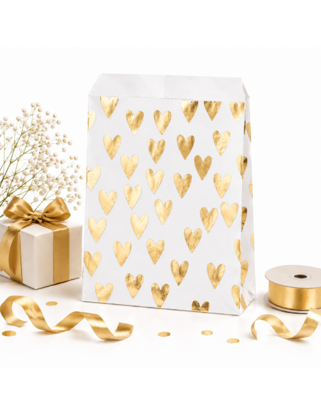 50 sachets cadeaux en papier kraft avec les cœurs dorés 13 cm x 18 cm.