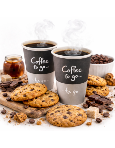 Gobelets en carton 360 ml gris remplis de café chaud, avec cookies et grains de café