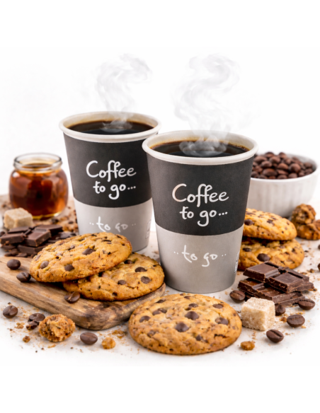 Grijze kartonnen bekers 360 ml gevuld met warme koffie, met koekjes en koffiebonen