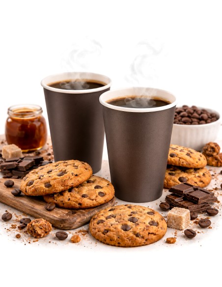 Twee bruine kartonnen koffiebekers 360 ml met dampende koffie, koekjes en chocolade