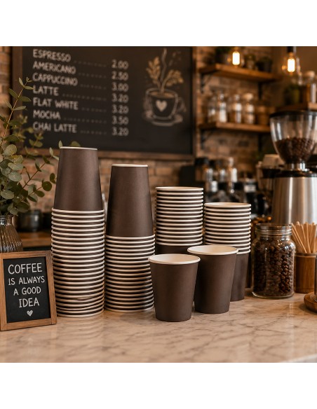 Stapels zwarte kartonnen koffiebekers 360 ml op de toonbank van een koffiebar