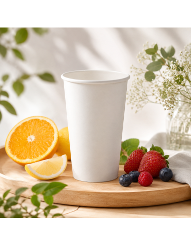 Witte kartonnen beker 360 ml op een houten plank met citrusvruchten en rood fruit