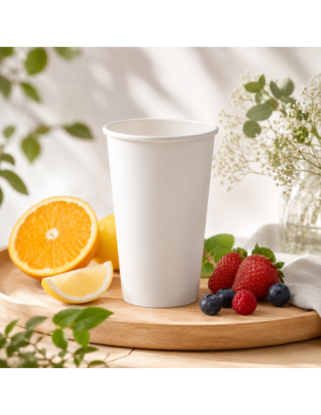 Witte kartonnen beker 360 ml op een houten plank met citrusvruchten en rood fruit