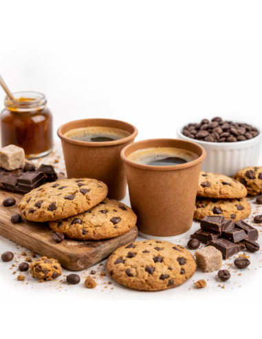 Bruine kartonnen espressobekers gevuld met koffie, met koekjes en koffiebonen