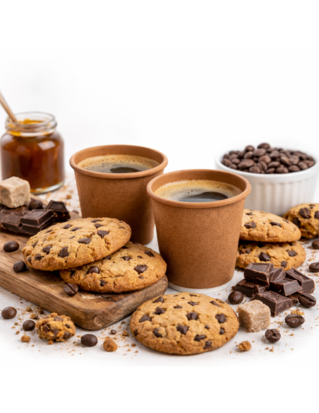 Bruine kartonnen espressobekers gevuld met koffie, met koekjes en koffiebonen
