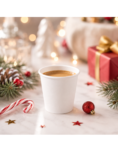 Witte kartonnen espressobeker met koffie op een kersttafel