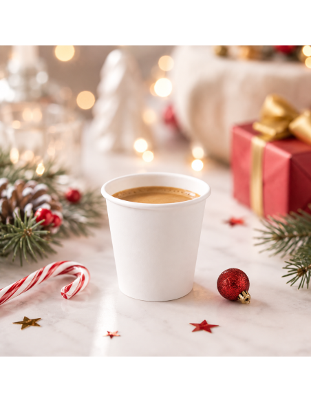 Witte kartonnen espressobeker met koffie op een kersttafel