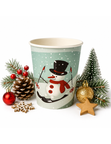 Kartonnen kerstbeker 240 ml met sneeuwpop op mintgroen - Packadi