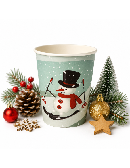 Kartonnen kerstbeker 240 ml met sneeuwpop op mintgroen - Packadi