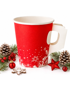 Gobelet carton Noël 240 ml rouge à poignée, flocons blancs - Packadi