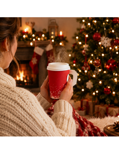 Rode kerstbeker in de hand voor een verlichte kerstboom - Packadi