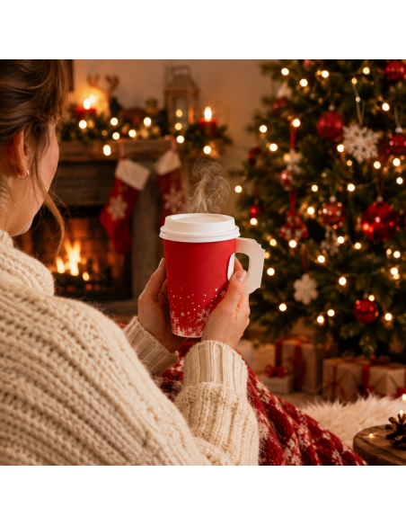 Rode kerstbeker in de hand voor een verlichte kerstboom - Packadi