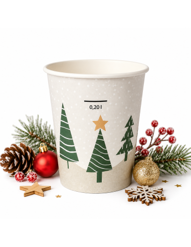 Kartonnen kerstbeker 240 ml met groene dennen op crème - Packadi