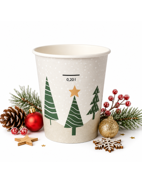 Kartonnen kerstbeker 240 ml met groene dennen op crème - Packadi