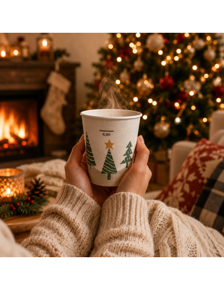 Gobelet de Noël tenu en main pour une boisson chaude - Packadi