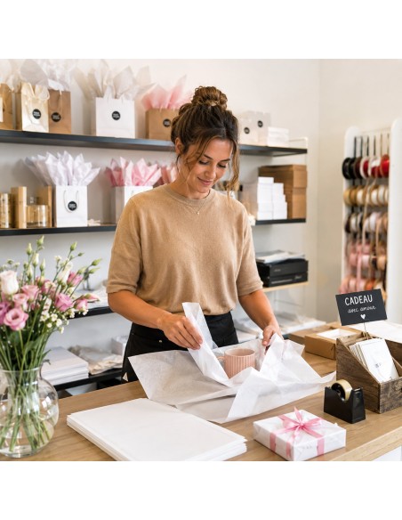 Verkoopster verpakt een mok in wit zijdepapier in een cadeauwinkel
