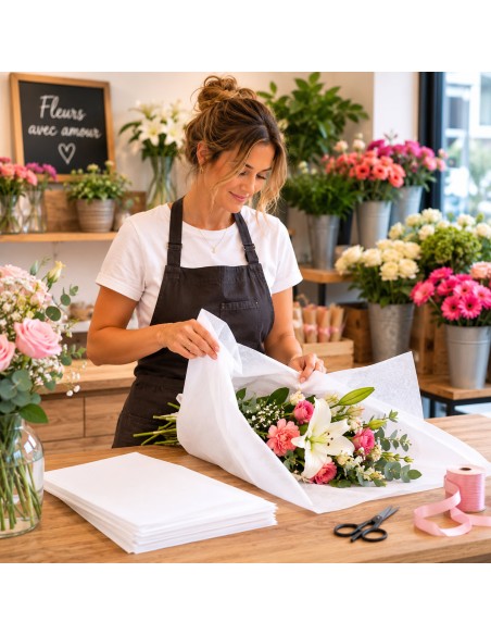 Bloemist verpakt een boeket rozen en lelies in een vel wit zijdepapier