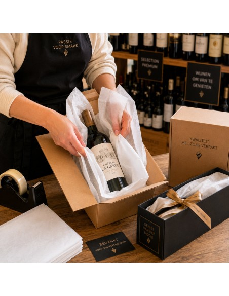 Wijnfles ingepakt in wit zijdepapier klaar voor verzending in een kartonnen doos