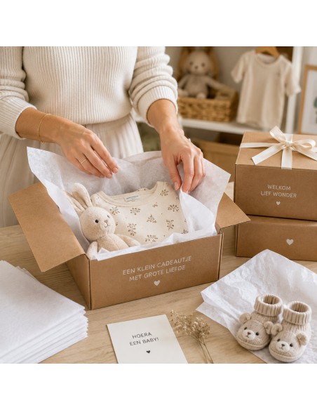 Kraamcadeau in kraftdoos gevoerd met wit zijdepapier, met rompertje en knuffel