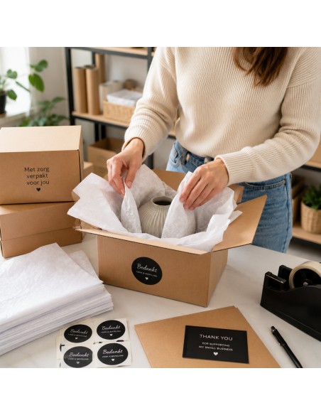 Wit zijdepapier om een vaas te beschermen in een e-commerce verzenddoos van kraftkarton