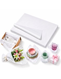 Pak wit zijdepapier van 480 vellen met ingepakte schoenen, boeket, servies en cadeau