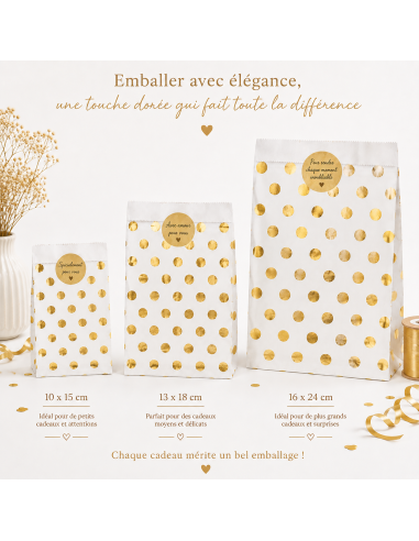 Papieren zakjes met gouden stippen - 3 maten 10x15, 13x18 en 16x24 cm - Packadi