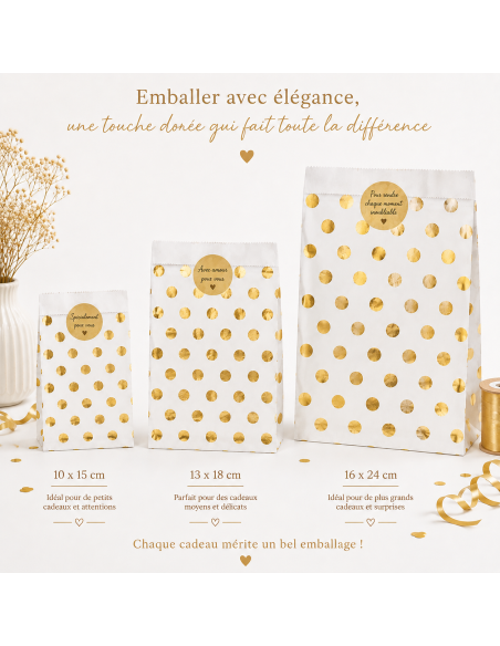 Papieren zakjes met gouden stippen - 3 maten 10x15, 13x18 en 16x24 cm - Packadi