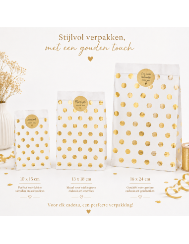 Papieren zakjes met gouden stippen - overzicht van de 3 maten - Packadi