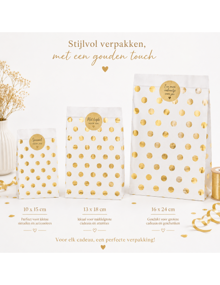 Papieren zakjes met gouden stippen - overzicht van de 3 maten - Packadi