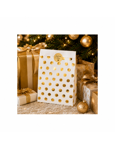 Sachet à pois dorés avec autocollant Joyeuses Fêtes devant le sapin - Packadi
