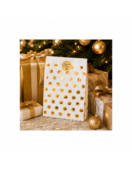 Zakje met gouden stippen en feestdagensticker voor de kerstboom - Packadi