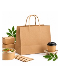 Bruine kraft papieren draagtas met gedraaide handgrepen naast maaltijdboxen, saladebowl en koffiebeker