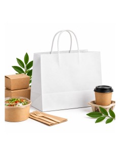 Sac en papier kraft brun à poignées torsadées avec boîtes repas, bol à salade et gobelet à café à emporter 2