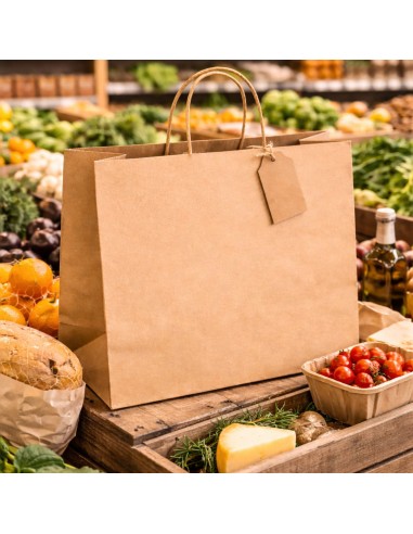 Bruine kraft papieren draagtas met kraftlabel op een marktkraam met verse producten
