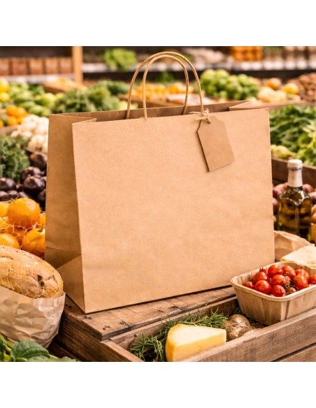 Bruine kraft papieren draagtas met kraftlabel op een marktkraam met verse producten