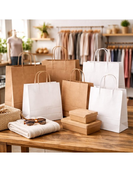 Assortiment witte en bruine kraft papieren draagtassen in verschillende formaten op een houten tafel in een winkel